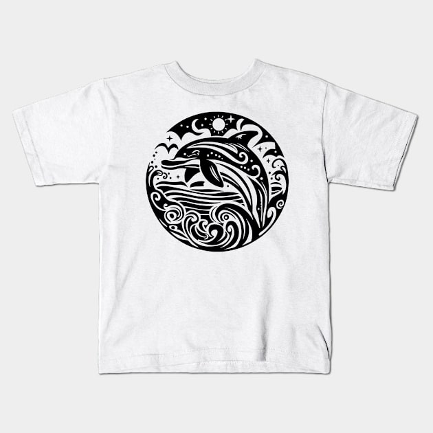 Ocean Waves and Leaping Dolphin Night Sky Kids T-Shirt by NedisDesign